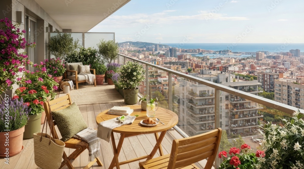 Fototapeta premium City Balcony Oasis: A charming balcony adorned with vibrant flowers, potted plants, and comfortable seating offers a serene retreat with a panoramic view of a bustling city and the distant ocean.