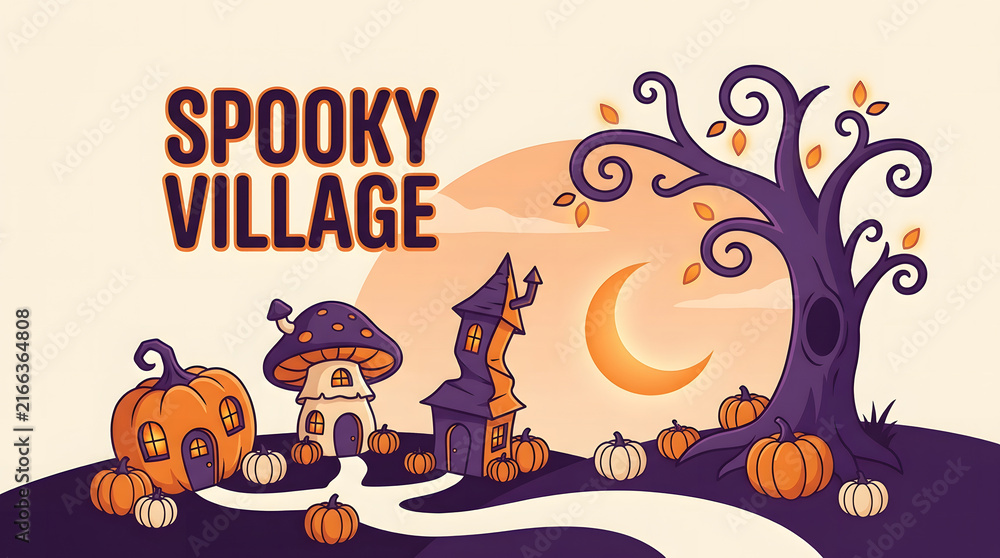 Naklejka premium Spooky village illustration with pumpkin house and crooked tower features orange and purple colors perfect for halloween holiday projects.
