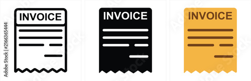 Set of three invoice document icons in outline, solid black and flat color styles.