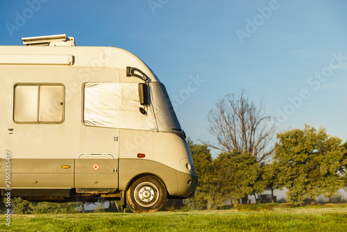 Caravan with thermal screen blind outdoors