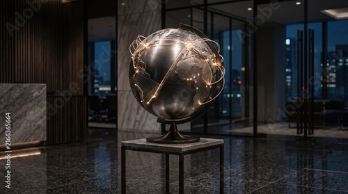 Metal globe with glowing connection lines standing on a table in a modern office at night