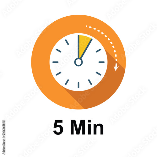 Five minute timer icon with clock face and countdown arrow for time management and tasks.
