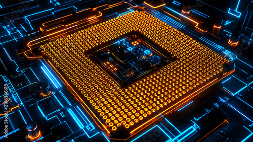 A futuristic computer processor chip glows with intense orange and blue light, showcasing intricate circuitry and rows of golden pins on a dark digital surface.