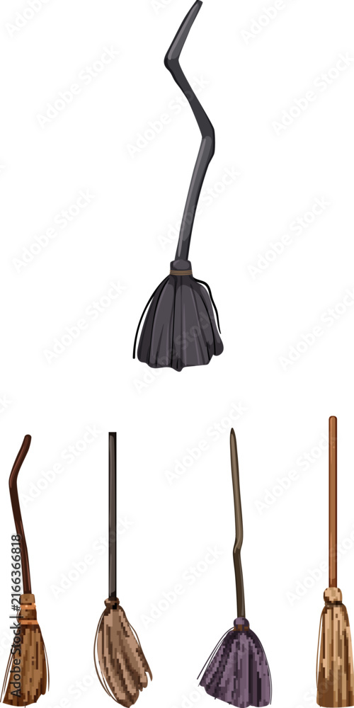 Fototapeta premium Collection of stylized flying brooms standing on a white background, useful for design elements, celebrating halloween, and creating fantasy scene illustrations