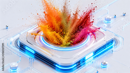 A high-tech square chip emits a dynamic burst of multicolored powder particles against a clean white background, showcasing futuristic design with blue neon lighting and metallic accents.