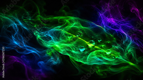 A vibrant green leaf covered in crystal clear water droplets rests amidst swirling wisps of neon blue and purple smoke against a dark background.