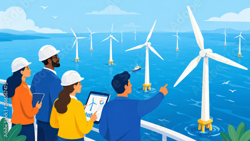 Engineers and scientists wearing hard hats observe a vast offshore wind farm while reviewing data charts on digital tablets from a viewing platform.