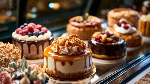 A bakery showcase composition featuring caramel topping decorating cakes, pastries, and artisan desserts inside an upscale confectionery display