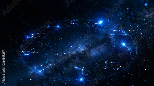 Conceptual celestial scene, twelve subtle symbolic constellations arranged in a circular formation around a dark night sky, elegant minimalist star connections, realistic star fiel