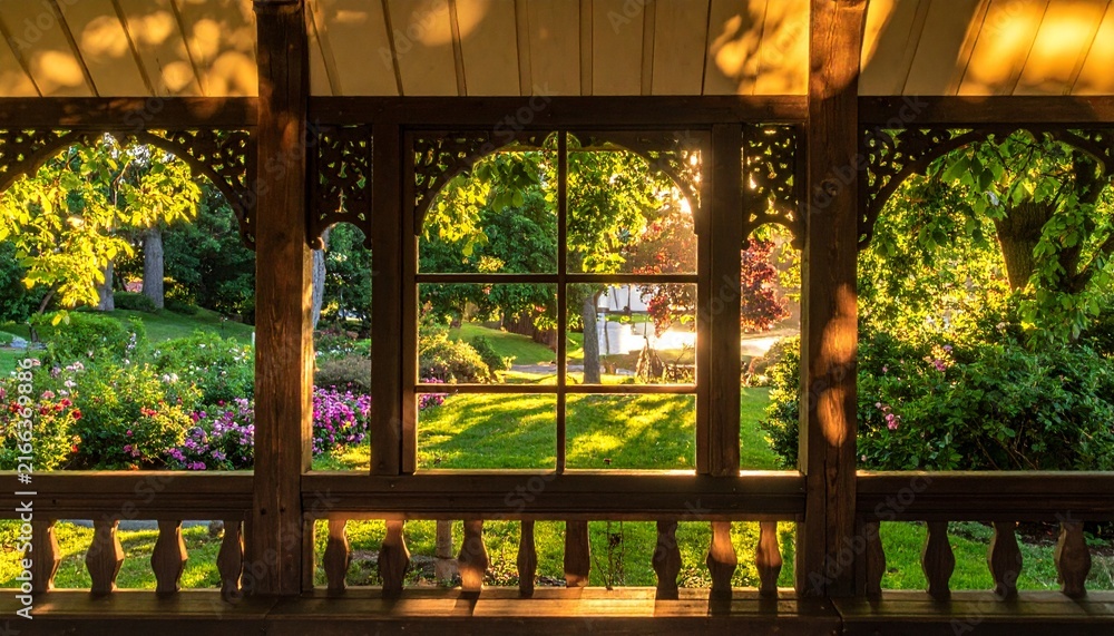 Fototapeta premium Scenic view of a lush green garden through a traditional wooden gazebo window during golden hour sunrise with sunrise sunlight