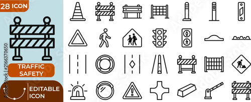 A comprehensive set of twenty eight black and white line art icons representing various traffic safety road construction and highway management symbols