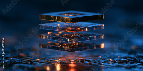 Futuristic microchip with glowing stacked semiconductor layers representing advanced hardware technology