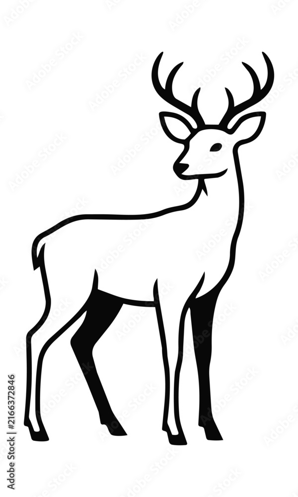 Obraz premium Minimalist line art of a majestic deer standing in a graceful pose with clean monoline strokes on a plain white background, wildlife nature concept