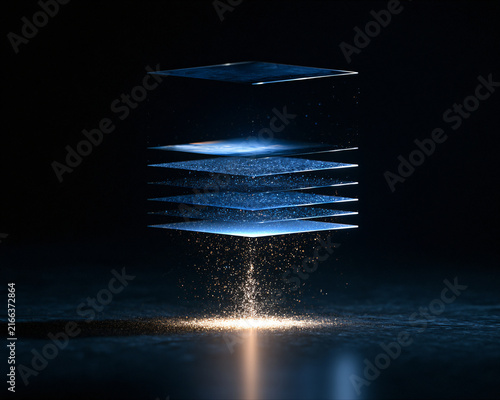 Futuristic Abstract Big Data Visualization with Glowing Blue Digital Layers and Golden Sparkling Particles on Dark Background