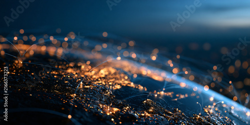 Global communication network on abstract Earth globe representing digital technology connectivity and big data transfer at night