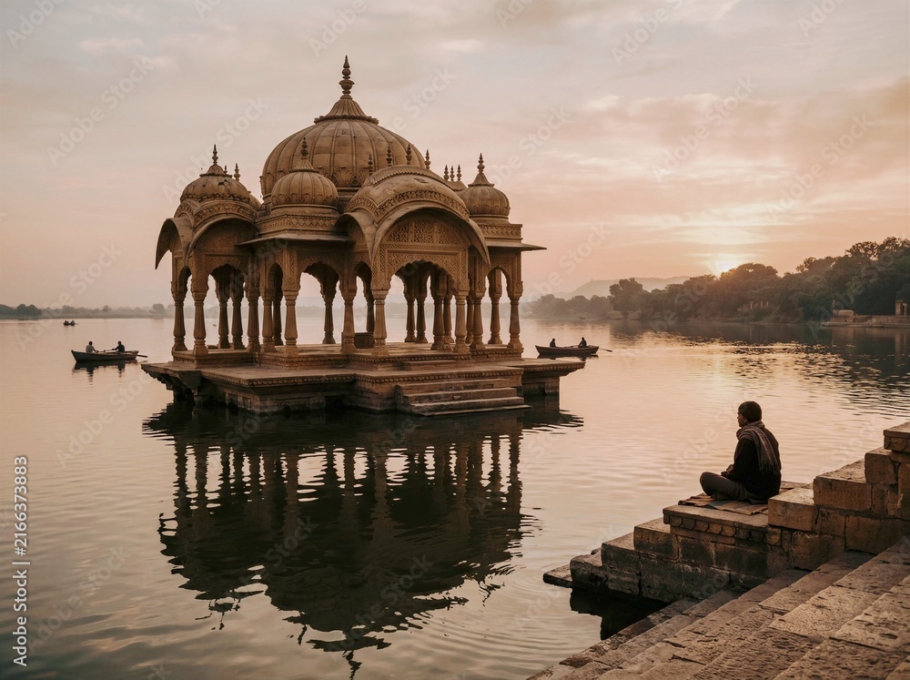 Fototapeta premium Man meditates on stone steps beside lake at sunrise with temple reflection in calm water