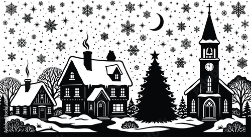 Foto Festive December midnight snowscape artwork presenting quaint rural cabins and s