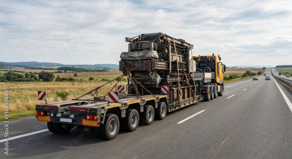 Obraz premium Heavy-duty multi-axle truck transporting industrial machinery on a highway