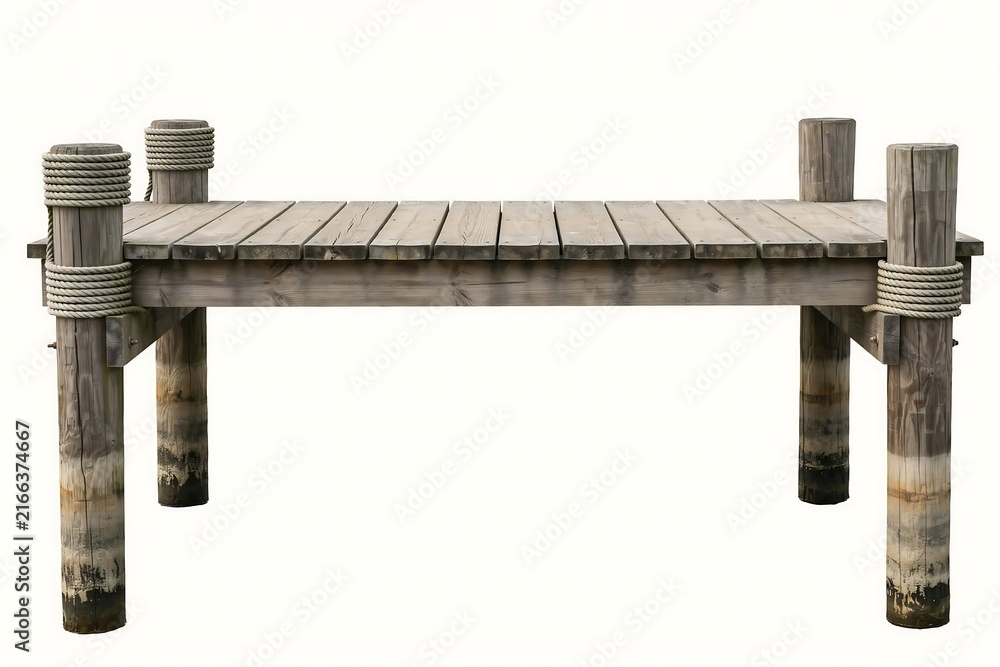 Fototapeta premium Old wooden pier dock made of timber planks with thick rope moorings