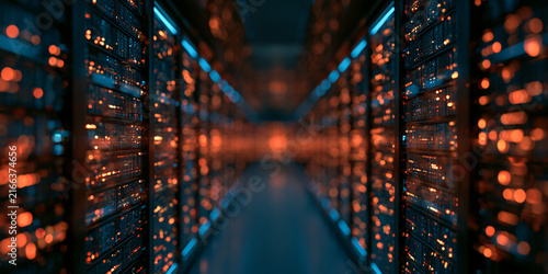 Futuristic Data Center Server Room with Glowing Orange and Blue Lights for Cloud Computing and Network Infrastructure