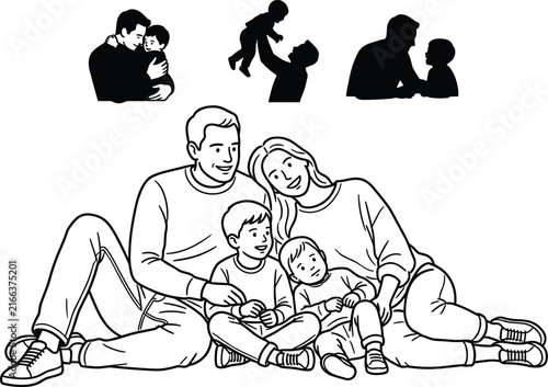 Canvas Print Joyful outline vector artwork depicting a smiling mother and father sitting on t