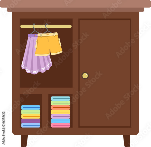 Brown wooden wardrobe with clothes hanging on hangers and folded stacks on shelves