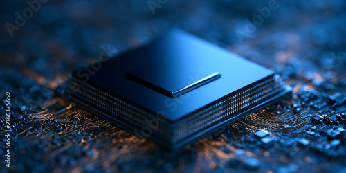Futuristic Central Processing Unit CPU Chip on a Digital Circuit Board Background representing Artificial Intelligence and Computing Power
