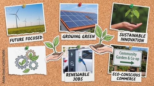 Collage of images that promote green energy. Developing and growing ecological and sustainable businesses. Sustainable development on renewable energy.
