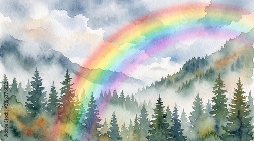 Watercolor illustration of misty pine forest with vibrant rainbow arching over evergreen trees. Scenic mountain landscape features colorful arc in cloudy sky above wilderness woods. Dreamy