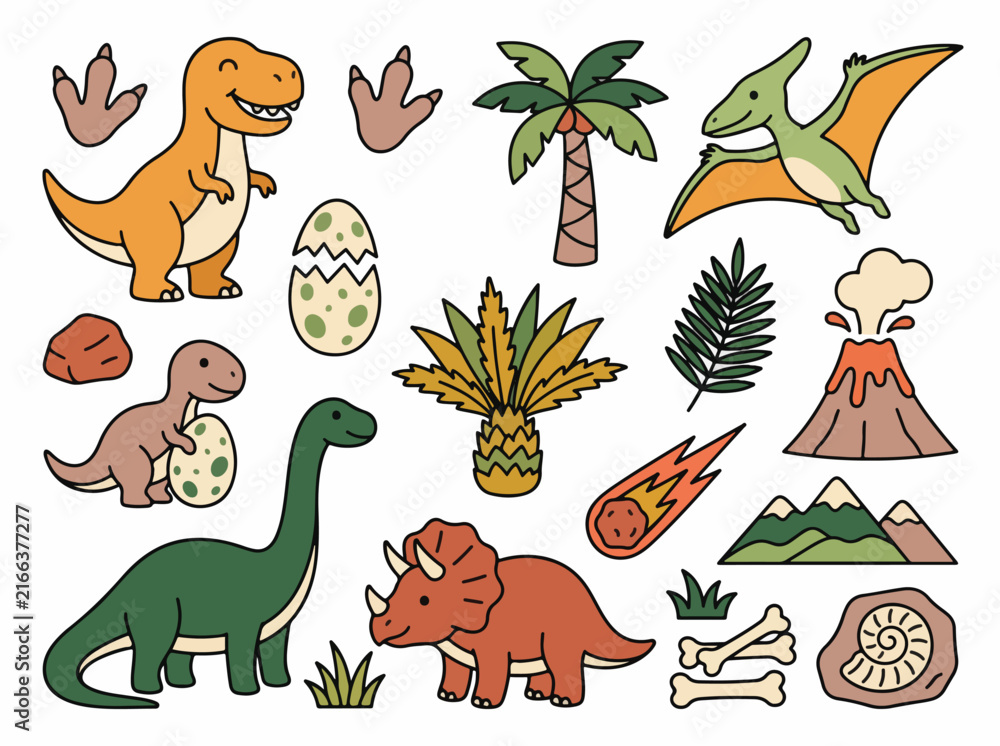 Obraz premium Cute Dinosaur Clipart Set with Volcano Fossil and Prehistoric Objects