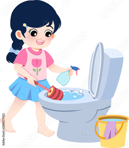 Cute little girl cleaning toilet bowl with brush and spray bottle