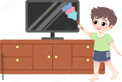 Cute cartoon little boy doing chores, cleaning dust off the television screen in the living room