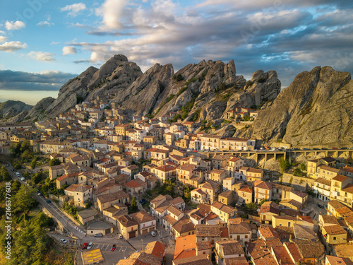 Aerial View of Castelmezzano Village at sunset in Basilicata Italy