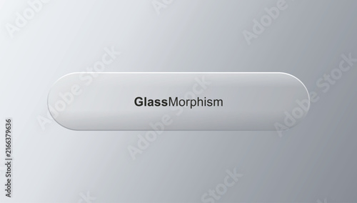 Glassmorphism UI pill button vector design, clean frosted glass capsule shape on soft grey gradient background, modern minimal website call to action element template layout artwork