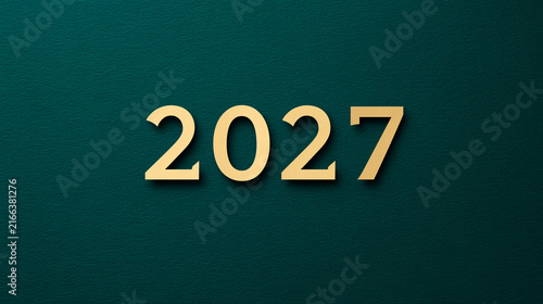 Golden 2027 text on deep green textured background. Clean, modern design. Perfect for year-end, anniversary, or futuristic project themes. Suitable for corporate, tech, or celebration visuals
