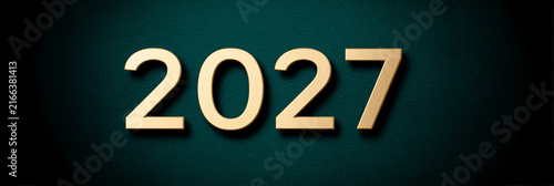Golden 2027 text on deep green textured background. Clean, modern design. Perfect for year-end, anniversary, or futuristic project themes. Suitable for corporate, tech, or celebration visuals