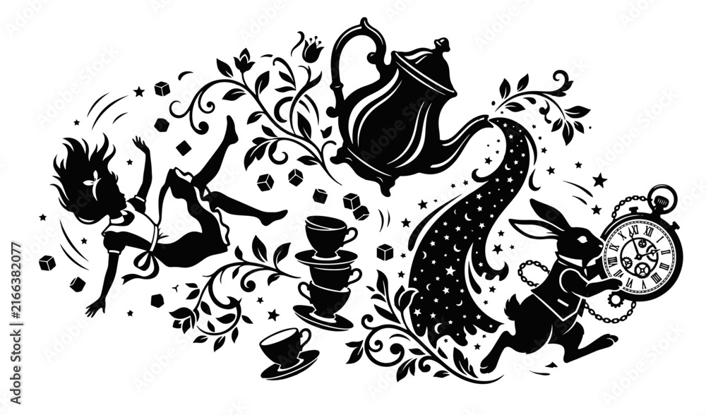 Fototapeta premium Whimsical black and white silhouette featuring falling Alice, the White Rabbit, and magical tea party elements in a surreal design.