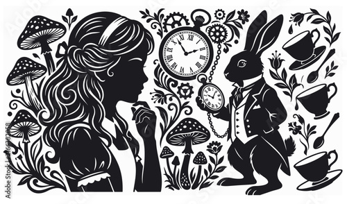 Whimsical black and white silhouette featuring Alice and the White Rabbit with tea party and steampunk motifs.