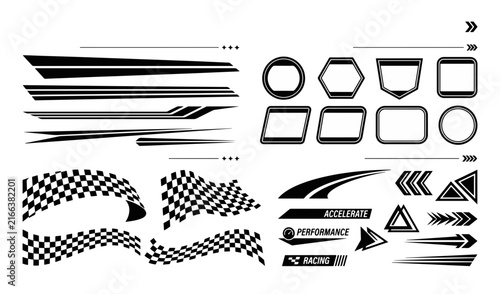 Racing decal set with checkered flags, speed stripes, and frames for automotive sports design.
