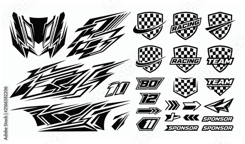 Black and white automotive graphics including racing decals, vehicle wrap patterns, and checkered team logos.
