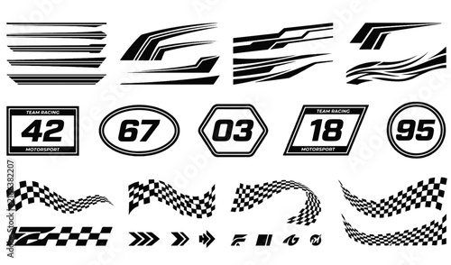 Black and white racing decals featuring stripes, numbers, and checkered flags for automotive styling.