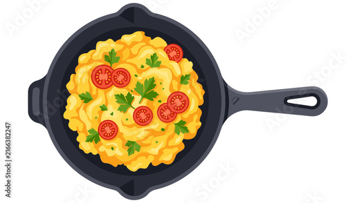Top-down vector of fluffy scrambled eggs with tomatoes and parsley in a cast iron pan.