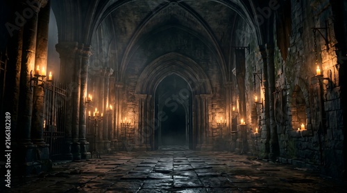 Dark atmospheric stone hallway of an ancient gothic castle illuminated by warm flickering candlelight in the shadows