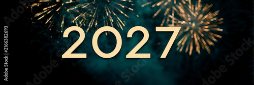 Golden '2027' number floats amid dazzling fireworks against dark sky. Perfect for new year, anniversary, or futuristic event designs. Celebratory and elegant visual with glowing sparkles