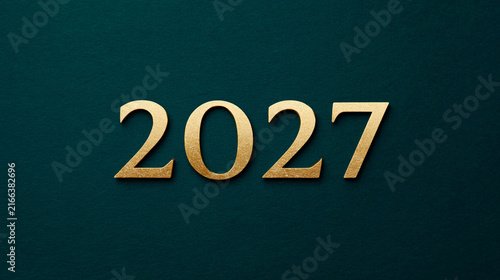 Golden 2027 text on deep green textured background. Clean, modern design. Perfect for year-end, anniversary, or futuristic project themes. Suitable for corporate, tech, or celebration visuals