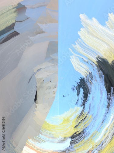 Abstract split composition long exposure contrasting smooth pale grey planes with chaotic swirling blue and yellow light trails