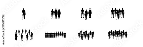 People set with black silhouetted figures featuring single person, pair, trio, quartet, quintet, sextet, septet and large group with crowd and gathering
