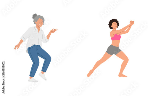 Illustration of an elderly woman dancing and a young athletic woman performing a fitness exercise pose