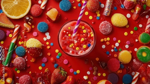 Colorful candy and fruit drink surrounded by sweets on red