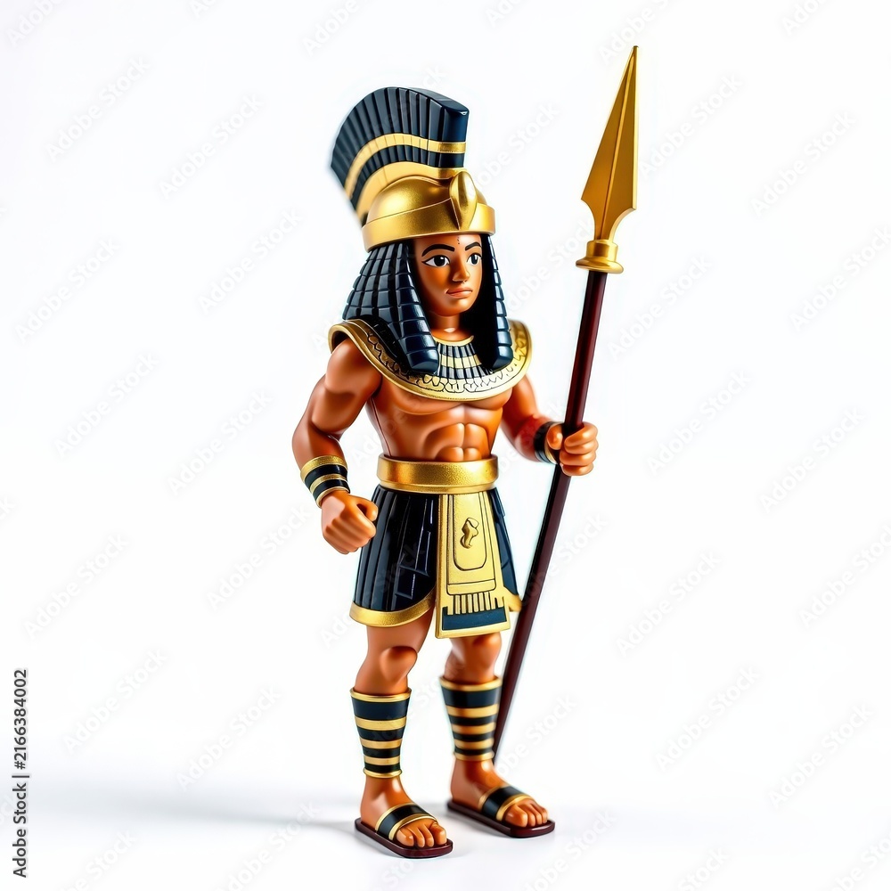 Obraz premium Egyptian pharaoh guard toy soldier with ornate headdress, gold breastplate, spear, and kilt on white background